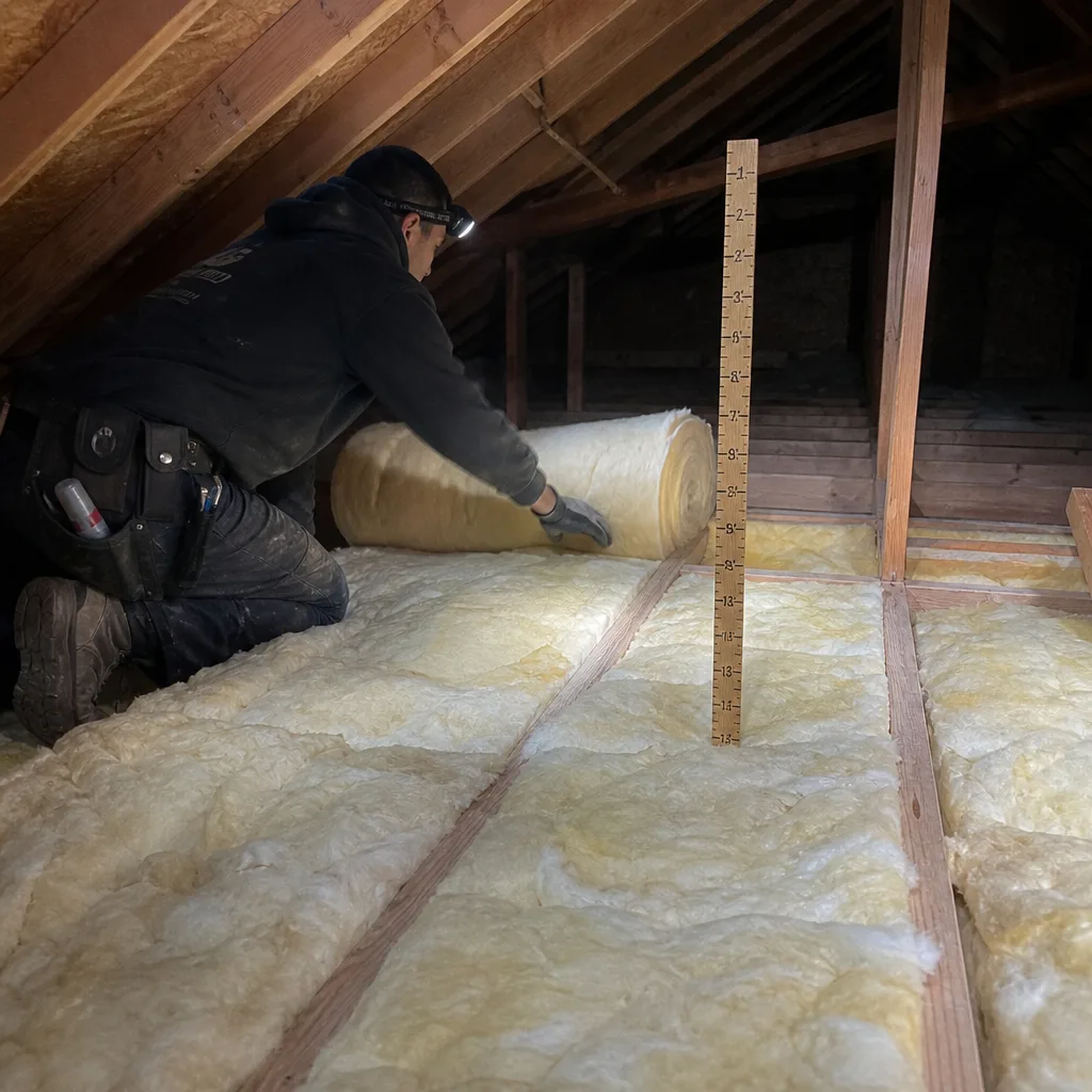 Professional contractor installing fiberglass batt attic insulation