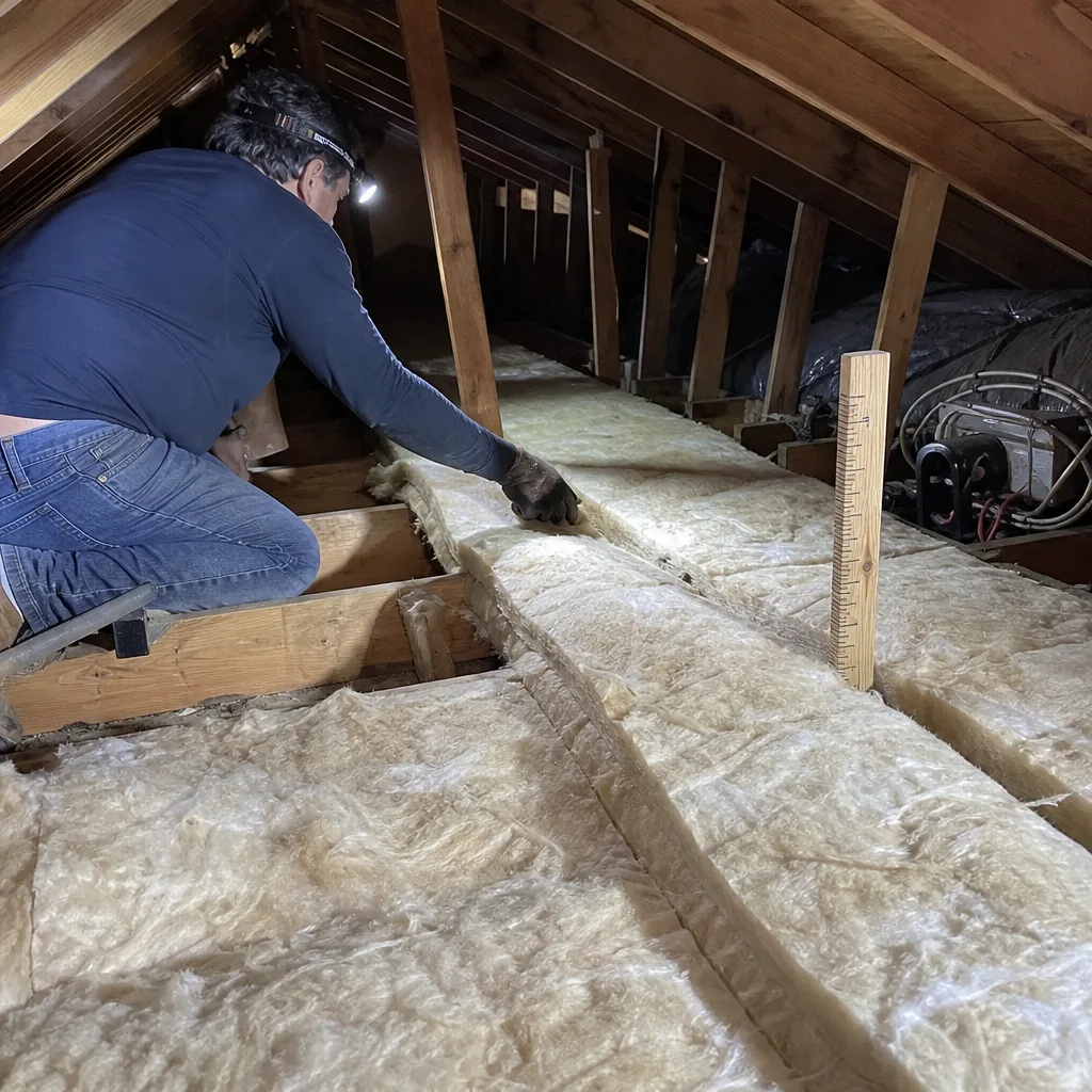 Professional contractor installing fiberglass attic insulation between ceiling joists