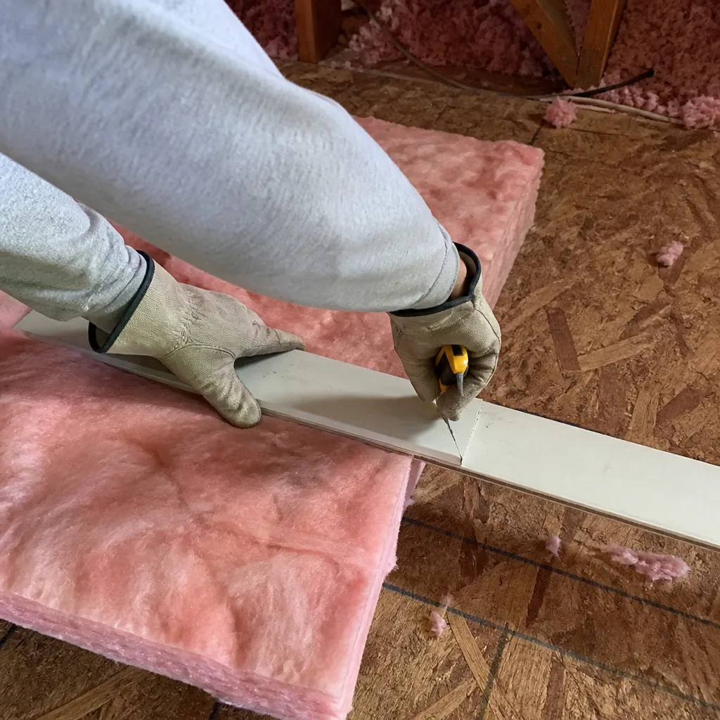 Worker cutting pink fiberglass attic insulation with utility knife