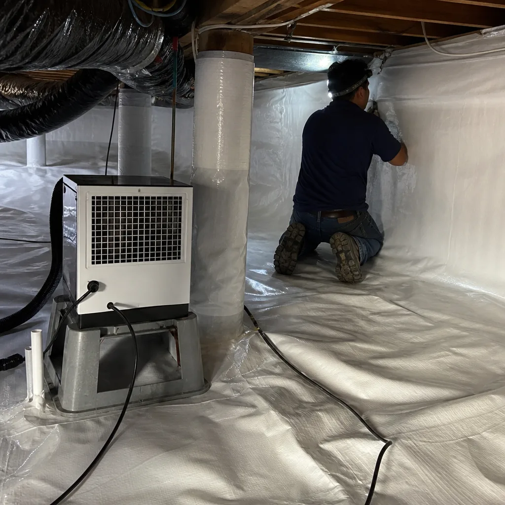 Technician installing crawl space vapor barrier and dehumidifier for moisture control