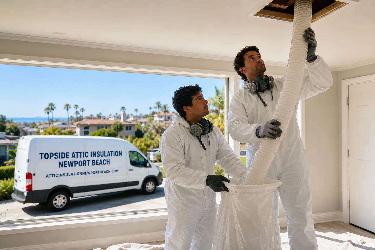 Topside Attic Insulation Newport Beach insulation service vehicle and crew in Newport Beach, CA